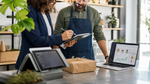 Comercio local con tablet, portátil y documentación de digitalización para subvenciones